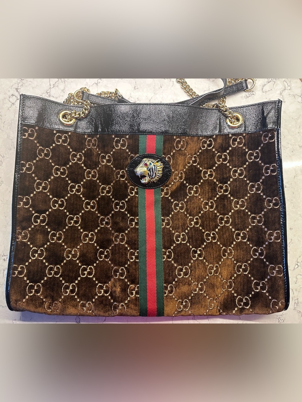 Gucci Rajah Brown Velvet Tote with crystal head